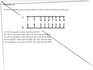 Exercício 15
O esquema seguinte representa duas cadeias de ácidos nucleicos. Podemos concluir que:
a) I e II correspondem a duas moléculas de RNA.
b) I e II correspondem a duas cadeias de uma molécula de RNA.
c) I e II correspondem a duas cadeias de uma molécula de ADN.
d) I corresponde a uma cadeia deADN e II a uma cadeia de RNA.
e) I corresponde a uma cadeia de RNA e II a uma cadeia de ADN.
 