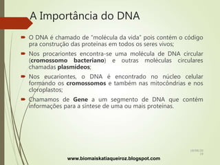 A Importância do DNA
 O DNA é chamado de “molécula da vida” pois contém o código
pra construção das proteínas em todos os seres vivos;
 Nos procariontes encontra-se uma molécula de DNA circular
(cromossomo bacteriano) e outras moléculas circulares
chamadas plasmídeos;
 Nos eucariontes, o DNA é encontrado no núcleo celular
formando os cromossomos e também nas mitocôndrias e nos
cloroplastos;
 Chamamos de Gene a um segmento de DNA que contém
informações para a síntese de uma ou mais proteínas.
www.biomaiskatiaqueiroz.blogspot.com
18/08/20
19
 