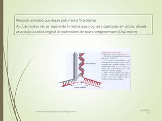 Replicação (ou duplicação) do DNA
Processo complexo que requer pelo menos 15 proteínas
As duas cadeias vão se separando à medida que progride a duplicação em ambas, através
associação à cadeia original de nucleotídeos de bases complementares (DNA matriz)
www.biomaiskatiaqueiroz.blogspot.com
18/08/20
19
 