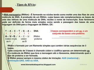 . Tipos de RNAs:
1-RNA mensageiro (RNAm) - É formando no núcleo tendo como molde uma das fitas de uma
molécula de DNA. A produção de um RNAm, cujas bases são complementares as bases de
uma das hélices de uma molécula de DNA, recebe o nome de transcrição. Este fenômeno
pode ser definido de forma mais simples como sendo a passagem das bases de uma
linguagem do DNA para a linguagem de RNAm. EX:
T - A - C - T - G - A - DNA 3 bases correspondem a um aa, e um
! ! ! ! ! ! conjunto de bases uma proteína.
A - U - G - A - C - U RNAm
Códon início códon proteína
aa A aa B
RNAm é formado por um filamento simples que contém várias sequências de 3
bases.
Cada conjunto de 3 bases é chamado códon e codifica apenas um determinado aa.
É a molécula de RNAm que leva a mensagem até o ribossoma, determinando qual o
tipo de proteína a ser formada.
O RNAm possui sempre o mesmo códon de iniciação: AUG (metionina) ;
terminação:UAG, UAA ou UGA.
www.biomaiskatiaqueiroz.blogspot.com 18/08/2019
 