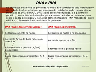 Os processos de síntese de proteínas na célula são controlados pelo metabolismo
de controle.As duas principais personagens do metabolismo de controle são as
moléculas de DNA e RNA. O DNA (ácido desoxirribonucléico) é o patrimônio
genético, que contém as instruções para a síntese de todas as proteínas que a
célula é capaz de realizar. O RNA atua como mensageiro (RNA mensageiro) entre
o DNA e o ribossomo, local de síntese de proteínas.
DNA (ácido desoxirribonucléico) RNA (ácido ribonucléico)
Se localiza somente no núcleo Se localiza no núcleo e no citoplasma
Apresenta forma de dupla hélice com
duas fitas
Apresenta apenas uma fita
É formado com a pentose (açúcar)
desoxirribose
É formado com a pentose ribose
Bases nitrogenadas participantes: A, T,
C, G
Bases nitrogenadas participantes: A, U,
C, G
DNA e RNA
www.biomaiskatiaqueiroz.blogspot.com 18/08/2019
 