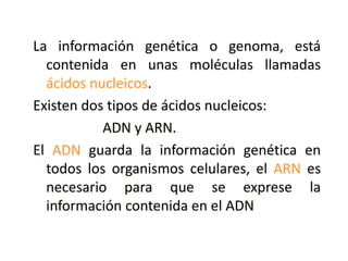 La información genética o genoma, está
contenida en unas moléculas llamadas
ácidos nucleicos.
Existen dos tipos de ácidos nucleicos:
ADN y ARN.
El ADN guarda la información genética en
todos los organismos celulares, el ARN es
necesario para que se exprese la
información contenida en el ADN
 