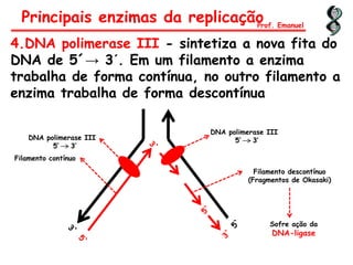Principais enzimas da replicaçãoProf. Emanuel
4.DNA polimerase III - sintetiza a nova fita do
DNA de 5´→ 3´. Em um filamento a enzima
trabalha de forma contínua, no outro filamento a
enzima trabalha de forma descontínua
Filamento contínuo
DNA polimerase III
5’ 3’
DNA polimerase III
5’ 3’
Filamento descontínuo
(Fragmentos de Okasaki)
Sofre ação da
DNA-ligase
 