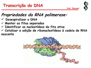 Propriedades da RNA polimerase:
 Desespiralizar o DNA
 Manter as fitas separadas
 Identificar os nucleotídeos da fita ativa
 Catalisar a adição de ribonucleotídeos à cadeia de RNA
nascente
Transcrição do DNA
Prof. Emanuel
 