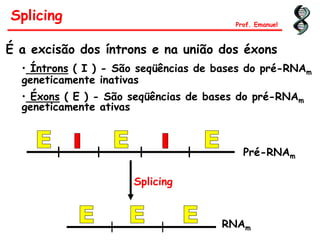 É a excisão dos íntrons e na união dos éxons
• Íntrons ( I ) - São seqüências de bases do pré-RNAm
geneticamente inativas
• Éxons ( E ) - São seqüências de bases do pré-RNAm
geneticamente ativas
Pré-RNAm
Splicing
RNAm
Splicing Prof. Emanuel
 