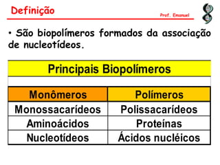 • São biopolímeros formados da associação
de nucleotídeos.
Definição
Monômeros Polímeros
Monossacarídeos Polissacarídeos
Aminoácidos Proteínas
Nucleotídeos Ácidos nucléicos
Principais Biopolímeros
Prof. Emanuel
 