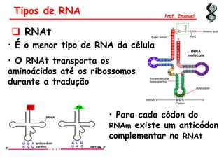  RNAt
Tipos de RNA
• Para cada códon do
RNAm existe um anticódon
complementar no RNAt
Prof. Emanuel
• É o menor tipo de RNA da célula
• O RNAt transporta os
aminoácidos até os ribossomos
durante a tradução
 