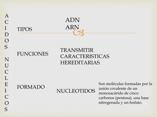 A
C                 ADN
I                 ARN
D
    TIPOS
                    
O
S
                 TRANSMITIR
    FUNCIONES    CARACTERISTICAS
N
                 HEREDITARIAS
U
C
L
E                             Son moléculas formadas por la
    FORMADO                   unión covalente de un
I               NUCLEOTIDOS   monosacárido de cinco
C                             carbonos (pentosa), una base
O                             nitrogenada y un fosfato.
S
 