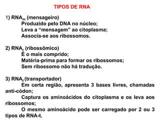 TIPOS DE RNA
1) RNAm (mensageiro)
Produzido pelo DNA no núcleo;
Leva a “mensagem” ao citoplasma;
Associa-se aos ribossomos.
2) RNAr (ribossômico)
É o mais comprido;
Matéria-prima para formar os ribossomos;
Sem ribossomo não há tradução.
3) RNAt (transportador)
Em certa região, apresenta 3 bases livres, chamadas
anti-códon;
Captura os aminoácidos do citoplasma e os leva aos
ribossomos;
O mesmo aminoácido pode ser carregado por 2 ou 3
tipos de RNA-t.
 