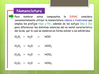 Nomenclatura
Para nombrar estos compuestos la IUPAC considera
convenientemente utilizar la nomenclatura clásica o tradicional que
emplea los prefijos Hipo y Per, además de los sufijos Oso e Ico
para diferenciar las distintas valencias del no metal característico
del ácido, por lo cual se nombran en forma similar a los anhídridos.
Cl2O1 + H2O  HClO
Cl2O3 + H2O  HClO2
Cl2O5 + H2O  HClO3
Cl2O7 + H2O  HClO4
 