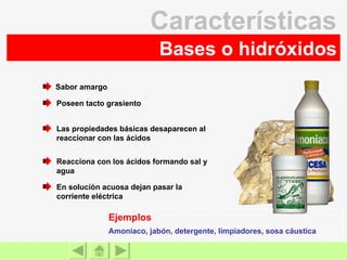 Bases o hidróxidos Características En solución acuosa dejan pasar la corriente eléctrica Reacciona con los ácidos formando sal y agua Las propiedades básicas desaparecen al reaccionar con las ácidos Poseen tacto grasiento Sabor amargo Amoniaco, jabón, detergente, limpiadores, sosa cáustica  Ejemplos 