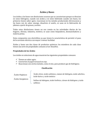 Ácidos y Bases

Los ácidos y las bases son disoluciones acuosas que se caracterizan porque se disocian
en iones hidrogeno,...