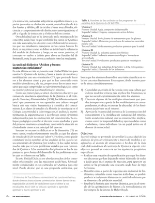 de aniversario educación química  •  octubre de 2008	 284
y la ionización, sustancias anfipróticas, equilibrio iónico y es-
pecies presentes en disolución acuosa, neutralización de áci-
dos fuertes y débiles, pH de ácidos y bases muy diluidos, efi-
ciencia y comportamiento de disoluciones amortiguadoras, el
pH y el grado de ionización y el efecto del ion común.
Otra dificultad que se ha detectado en la enseñanza de los
conceptos acido-base es que conforme los cursos de Química
son más avanzados, los docentes van redefiniendo los concep-
tos que los estudiantes manejaron en los cursos básicos. Es
decir, en un primer curso se define un ácido bajo la referencia
del modelo de Arrhenius y luego, en un curso posterior, el
concepto se vuelve a definir pero ahora en función del de
Bronsted-Lowry, lo que provoca confusión entre los estudiantes.
La unidad didáctica “Ácidos y bases:
sustancias cotidianas”
En esta última sección se presenta una Unidad Didáctica para
enseñar la Química de ácidos y bases a través de modelos y
modelización con una orientación CTS, que pretende hacer
ver a los alumnos cómo y por qué se han construido estos
modelos científicos y, a la vez, proporcionar los recursos nece-
sarios para que comprendan su valor epistemológico, así como
su enorme potencial para transformar el entorno.
Como un primer paso, se ubicó el contexto educativo que
enmarca la enseñanza-aprendizaje de la Química en el Cole-
gio de Ciencias y Humanidades (CCH), bachillerato universi-
tario1
que promueve en sus egresados una cultura integral
básica con una visión humanística y científica del conoci-
miento. Los planes de estudio y la filosofía de enseñanza en el
Colegio, dan prioridad a la investigación, el análisis, la experi-
mentación, la argumentación y la reflexión como elementos
indispensables para la construcción del conocimiento. Su en-
foque pedagógico concibe al docente como mediador y guía
del proceso enseñanza-aprendizaje, centrando la atención en
el estudiante como actor principal del proceso.
Insertar las secuencias didácticas en la dimensión CTS en
estos cursos, resulta relativamente sencillo, ya que los planes
de estudio del CCH tienen un “sabor” CTS pleno, como puede
constatarse en los nombres de las unidades de los cuatro cur-
sos semestrales de Química (ver la tabla 1), los cuales tienen
mucho más que ver con problemas sociales que con conteni-
dos de Química. A los contenidos disciplinarios se les da im-
portancia, pero dentro del desarrollo de los problemas socia-
les que se refieren en esa Tabla.
En esta Unidad Didáctica se abordan muchos de los conte-
nidos relacionados con las reacciones ácido-base, habitual-
mente considerados en los currículos de Química para este
nivel. Puede decirse que es una propuesta ambiciosa, que
busca que los alumnos desarrollen una visión científica en re-
lación con estos fenómenos. Esto supone, desde nuestro pun-
to de vista y simultáneamente:
1)	 Consolidar una visión de la ciencia como una cultura que
elabora modelos teóricos para explicar los fenómenos, lo
que no sucede espontáneamente entre los alumnos
2)	 Discernir algunas de las múltiples situaciones que pue-
den interpretarse a partir de los modelos teóricos corres-
pondientes, es decir, reconocer la ubicuidad de los fenó-
menos ácido-base en el entorno.
3)	 Apreciar la reciprocidad intrínseca de la construcción del
conocimiento y la modificación sustancial del entorno,
tanto social como natural, con las consecuentes implica-
ciones a nivel de responsabilidades y oportunidades como
ciudadanos, como individuos con un papel activo en el
devenir de su sociedad.
Objetivos
En este trabajo se pretende desarrollar la capacidad de los
alumnos de pensar teóricamente a través de modelos y de
aplicarlos al análisis de situaciones o hechos de la vida
real. Adecuándonos al currículo de Química vigente, este
objetivo general se concreta en los siguientes propósitos
específicos:
Realizar una reacción de saponificación para que los alum-——
nos discurran que han dejado de existir hidróxido de sodio
y ácido graso en el matraz de reacción, para aparecer un
jabón; se ha producido una reacción ácido-base de tipo
Arrhenius.
Describir cómo a partir de la producción industrial de fer-——
tilizantes, entendida como reacción ácido-base, es posible
producir actualmente alimentos en cantidad suficiente pa-
ra alimentar a la población mundial.
Emplear la historia para enseñar Química, gracias al ejem-——
plo de las aportaciones de Nernst a la termodinámica en
los tiempos de la síntesis de Haber-Bosch.
1
El término de “bachillerato universitario” es común en México,
donde diversas instituciones universitarias tienen dentro de su
organización un nivel de bachillerato que se ofrece a sus
estudiantes. En el CCH su lema es: aprender a aprender,
aprender a hacer, aprender a ser.
Tabla 1. Nombres de las unidades de los programas de
estudios de la Química I a IV del CCH.
Química I
Primera Unidad. Agua, compuesto indispensable
Segunda Unidad. Oxígeno, componente activo del aire
Química II
Primera Unidad. Suelo, fuente de nutrimentos para las plantas
Segunda Unidad. Alimentos, proveedores de sustancias esenciales
para la vida
Tercera Unidad. Medicamentos, productos químicos para la salud
Química III
Primera Unidad. La industria química en México
Segunda Unidad. Industria minero-metalúrgica: herencia no
aprovechada
Tercera Unidad. Fertilizantes: productos químicos estratégicos
Química IV
Primera Unidad. Las industrias del petróleo y de la petroquímica
Segunda Unidad. El mundo de los polímeros
 
