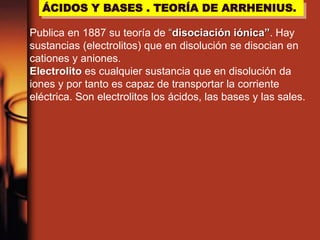 ÁCIDOS Y BASES . TEORÍA DE ARRHENIUS.
Publica en 1887 su teoría de “disociación iónica”. Hay
sustancias (electrolitos) que en disolución se disocian en
cationes y aniones.
Electrolito es cualquier sustancia que en disolución da
iones y por tanto es capaz de transportar la corriente
eléctrica. Son electrolitos los ácidos, las bases y las sales.
 