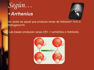 Según…
Arrhenius
Un acido es aquel que produce iones de hidronio= H3O ó
hidrogeno=H.
Las bases producen iones OH- = oxhidrilos ó hidróxido.
 