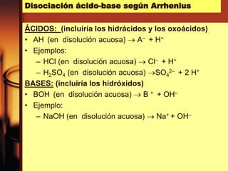 Disociación ácido-base según Arrhenius
ÁCIDOS: (incluiría los hidrácidos y los oxoácidos)
• AH (en disolución acuosa)  A– + H+
• Ejemplos:
– HCl (en disolución acuosa)  Cl– + H+
– H2SO4 (en disolución acuosa) SO4
2– + 2 H+
BASES: (incluiría los hidróxidos)
• BOH (en disolución acuosa)  B + + OH–
• Ejemplo:
– NaOH (en disolución acuosa)  Na+ + OH–
 