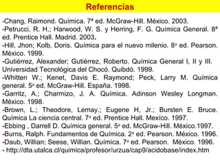 Referencias
-Chang, Raimond. Química. 7ª ed. McGraw-Hill. México. 2003.
-Petrucci, R. H.; Harwood, W. S. y Herring, F. G. Química General. 8ª
ed. Prentice Hall. Madrid. 2003.
-Hill, Jhon; Kolb, Doris. Química para el nuevo milenio. 8a
ed. Pearson.
México. 1999.
-Gutiérrez, Alexander; Gutiérrez, Roberto. Química General I, II y III.
Universidad Tecnológica del Chocó. Quibdó. 1999.
-Whitten W.; Kenet, Davis E. Raymond; Peck, Larry M. Química
general. 5a
ed. McGraw-Hill. España. 1998.
-Garritz, A.; Charmizo, J. A. Química. Adinson Wesley Longman.
México. 1998.
-Brown, L.; Theodore, Lemay.; Eugene H, Jr.; Bursten E. Bruce.
Química La ciencia central. 7a
ed. Prentice Hall. Mexíco. 1997.
-Ebbing , Darrell D. Química general. 5a
ed. McGraw-Hill. México.1997.
-Burns, Ralph. Fundamentos de Química. 2a
ed. Pearson. México. 1996.
-Daub, Willian; Seese, Willian. Química. 7a
ed. Pearson. México. 1996.
- http://dta.utalca.cl/quimica/profesor/urzua/cap9/acidobase/index.htm
 