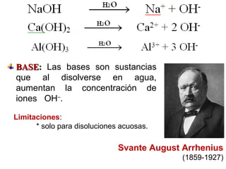 Svante August Arrhenius
(1859-1927)
Limitaciones:
* solo para disoluciones acuosas.
BASEBASE:: Las bases son sustancias
que al disolverse en agua,
aumentan la concentración de
iones OH–
.
 