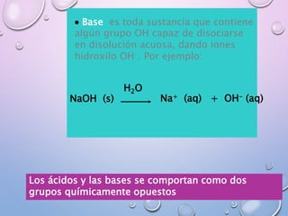  Base es toda sustancia que contiene
algún grupo OH capaz de disociarse
en disolución acuosa, dando iones
hidroxilo OH-. Por ejemplo:
NaOH (s) Na+ (aq) + OH- (aq)
H2O
Los ácidos y las bases se comportan como dos
grupos químicamente opuestos
 
