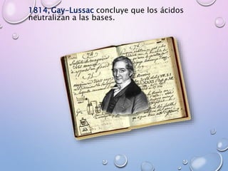 1814,Gay-Lussac concluye que los ácidos
neutralizan a las bases.
 