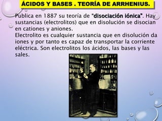 ÁCIDOS Y BASES . TEORÍA DE ARRHENIUS.
Publica en 1887 su teoría de “disociación iónica”. Hay
sustancias (electrolitos) que en disolución se disocian
en cationes y aniones.
Electrolito es cualquier sustancia que en disolución da
iones y por tanto es capaz de transportar la corriente
eléctrica. Son electrolitos los ácidos, las bases y las
sales.
 
