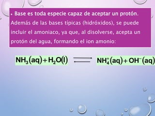  Base es toda especie capaz de aceptar un protón.
Además de las bases típicas (hidróxidos), se puede
incluir el amoniaco, ya que, al disolverse, acepta un
protón del agua, formando el ion amonio:
   lOHaqNH 23     aqOHaqNH4
-

 