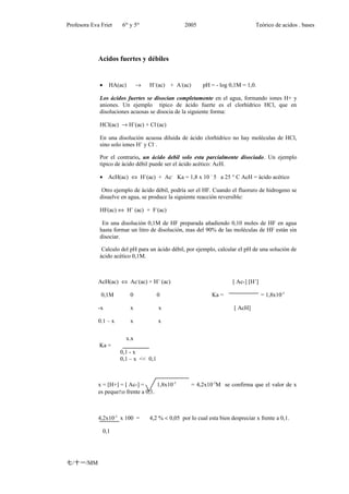 Profesora Eva Friet    6to y 5to                   2005                           Teórico de acidos . bases




             Acidos fuertes y débiles


             •     HA(ac)       →   H+(ac) + A-(ac)        pH = - log 0,1M = 1,0.

             Los ácidos fuertes se disocian completamente en el agua, formando iones H+ y
             aniones. Un ejemplo tipico de ácido fuerte es el clorhídrico HCl, que en
             disoluciones acuosas se disocia de la siguiente forma:

             HCl(ac) → H+(ac) + Cl-(ac)

             En una disolución acuosa diluida de ácido clorhídrico no hay moléculas de HCl,
             sino solo iones H+ y Cl- .

             Por el contrario, un ácido debil solo esta parcialmente disociado. Un ejemplo
             tipico de ácido débil puede ser el ácido acético: AcH.

             • AcH(ac) ⇔ H+(ac) + Ac- Ka = 1,8 x 10 – 5 a 25 ° C AcH = ácido acético

              Otro ejemplo de ácido débil, podría ser el HF. Cuando el fluoruro de hidrogeno se
             disuelve en agua, se produce la siguiente reacción reversible:

             HF(ac) ⇔ H+ (ac) + F-(ac)

              En una disolución 0,1M de HF preparada añadiendo 0,10 moles de HF en agua
             hasta formar un litro de disolución, mas del 90% de las moléculas de HF están sin
             disociar.

              Calculo del pH para un ácido débil, por ejemplo, calcular el pH de una solución de
             ácido acético 0,1M.



             AcH(ac) ⇔ Ac-(ac) + H+ (ac)                                [ Ac-] [H+]

              0,1M          0           0                      Ka =                   = 1,8x10-5

             -x             x           x                               [ AcH]

             0.1 – x        x           x

                         x.x
             Ka =
                       0,1 - x
                       0,1 – x << 0,1



             x = [H+] = [ Ac-] =      1,8x10-5        = 4,2x10-3M se confirma que el valor de x
             es pequeño frente a 0,1.



             4,2x10-3 x 100 =       4,2 % < 0,05 por lo cual esta bien despreciar x frente a 0,1.

                 0,1




七/十一/MM
 
