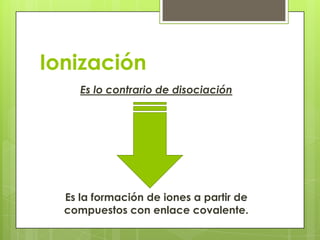 Ionización
     Es lo contrario de disociación




  Es la formación de iones a partir de
  compuestos con enlace covalente.
 