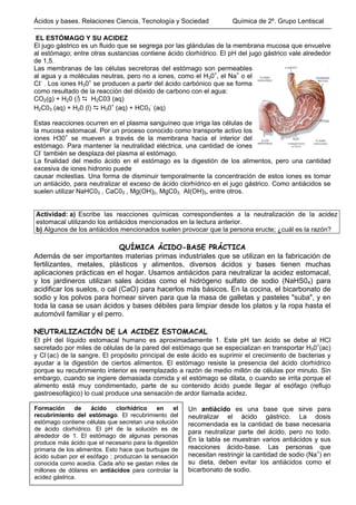 Ácidos y bases. Relaciones Ciencia, Tecnología y Sociedad Química de 2º. Grupo Lentiscal
EL ESTÓMAGO Y SU ACIDEZ
El jugo g...