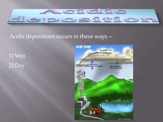 Acidicdepositionsoccurs in these ways –
1) Wet
2) Dry
 