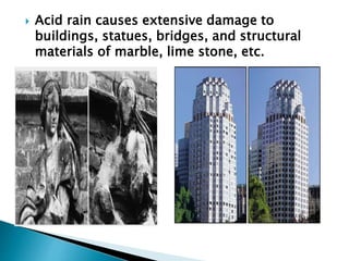  Acid rain causes extensive damage to
buildings, statues, bridges, and structural
materials of marble, lime stone, etc.
 