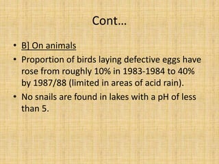 Cont…
• B] On animals
• Proportion of birds laying defective eggs have
rose from roughly 10% in 1983-1984 to 40%
by 1987/88 (limited in areas of acid rain).
• No snails are found in lakes with a pH of less
than 5.
 