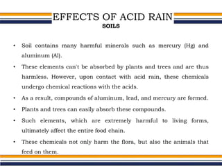 EFFECTS OF ACID RAIN
SOILS
• Soil contains many harmful minerals such as mercury (Hg) and
aluminum (Al).
• These elements can't be absorbed by plants and trees and are thus
harmless. However, upon contact with acid rain, these chemicals
undergo chemical reactions with the acids.
• As a result, compounds of aluminum, lead, and mercury are formed.
• Plants and trees can easily absorb these compounds.
• Such elements, which are extremely harmful to living forms,
ultimately affect the entire food chain.
• These chemicals not only harm the flora, but also the animals that
feed on them.
 