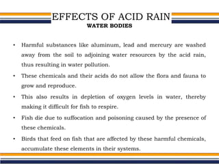 EFFECTS OF ACID RAIN
WATER BODIES
• Harmful substances like aluminum, lead and mercury are washed
away from the soil to adjoining water resources by the acid rain,
thus resulting in water pollution.
• These chemicals and their acids do not allow the flora and fauna to
grow and reproduce.
• This also results in depletion of oxygen levels in water, thereby
making it difficult for fish to respire.
• Fish die due to suffocation and poisoning caused by the presence of
these chemicals.
• Birds that feed on fish that are affected by these harmful chemicals,
accumulate these elements in their systems.
 