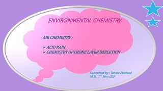 AIR CHEMISTRY :
ACID RAIN
CHEMISTRY OF OZONE LAYER DEPLETION
Submitted by : Taruna Deshwal
M.Sc. 1ST Sem (ES)
 