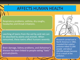 AFFECTS HUMAN HEALTH
Respiratory problems, asthma, dry coughs,
headaches and throat irritations.
Leeching of toxins from the soil by acid rain can
be absorbed by plants and animals. When
consumed, these toxins affect humans severely.
Brain damage, kidney problems, and Alzheimer's
disease has been linked to people eating "toxic"
animals/plants.
Research carried out in
North America in 1982,
revealed that sulphur
pollution killed 51,000
people and about
200,000 people become
ill as a result of the
pollution.
 