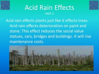 Acid Rain Effects
PART 2
Acid rain effects plants just like it effects trees.
Acid rain effects deterioration on paint and
stone. This effect reduces the social value
statues, cars, bridges and buildings. It will rise
maintenance costs.
 