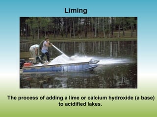 Liming
The process of adding a lime or calcium hydroxide (a base)
to acidified lakes.
 