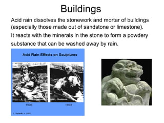 Buildings
Acid rain dissolves the stonework and mortar of buildings
(especially those made out of sandstone or limestone).
It reacts with the minerals in the stone to form a powdery
substance that can be washed away by rain.
 