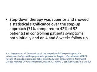 • Step-down therapy was superior and showed
a statistical significance over the step-up
approach (71% compared to 42% of 92
patients) in controlling patients symptoms
both initially and on 4 and 8 weeks follow up.
K.H. Katsanos,et. al; Comparison of the ìstep downî & ìstep upî approach
in treatment of pts with symptomatic gastro-esophageal reflux disease (GERD):
Results of a randomized open-label pilot study with omeprazole in Northwest
Greece ANNALS OF GASTROENTEROLOGKY.H2. K00A3T, 1S6A(2N)O:1S38, e-1t5a0l
 
