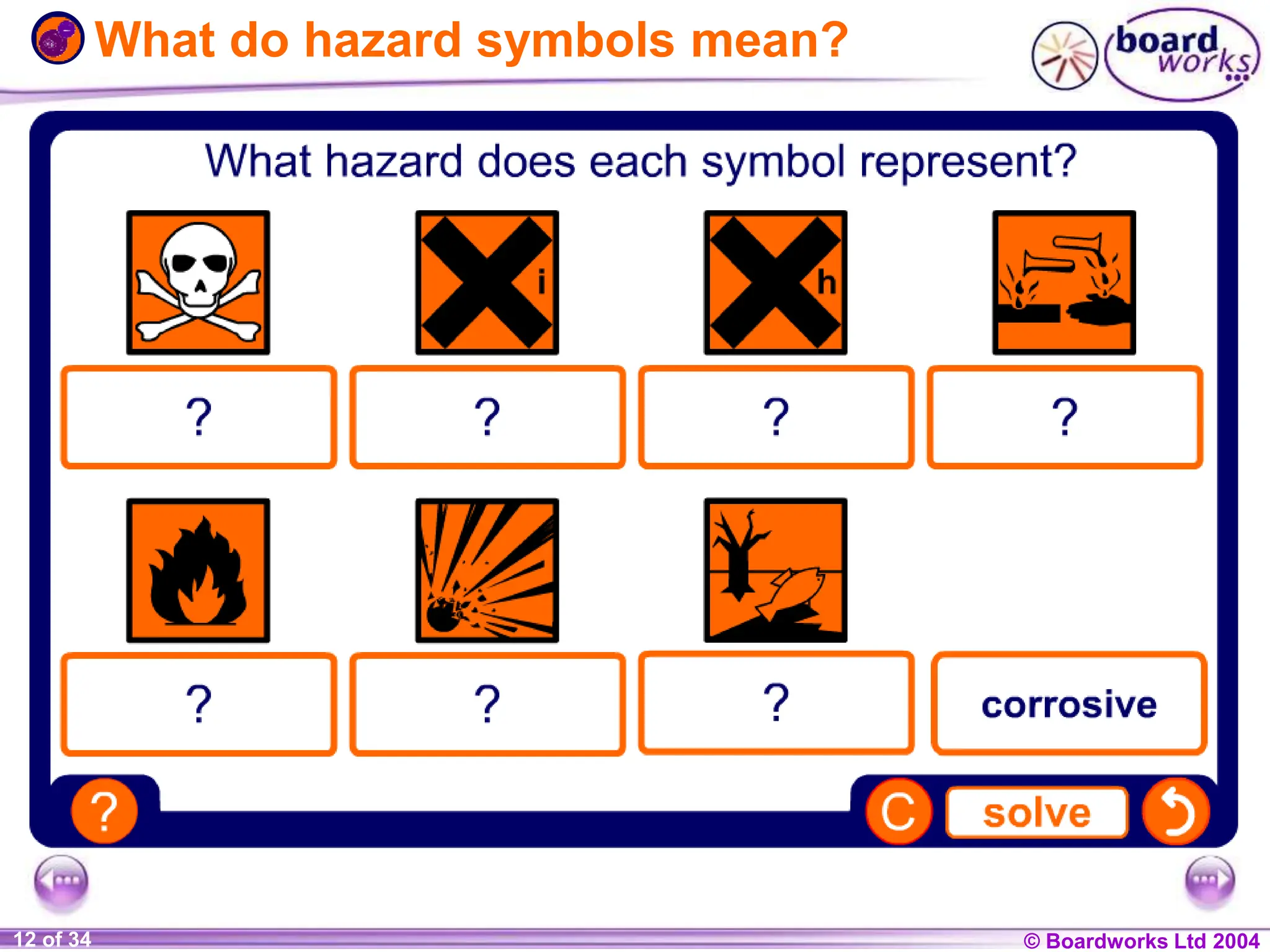 © Boardworks Ltd 2004
1 of 20 © Boardworks Ltd 2004
12 of 34
What do hazard symbols mean?
 