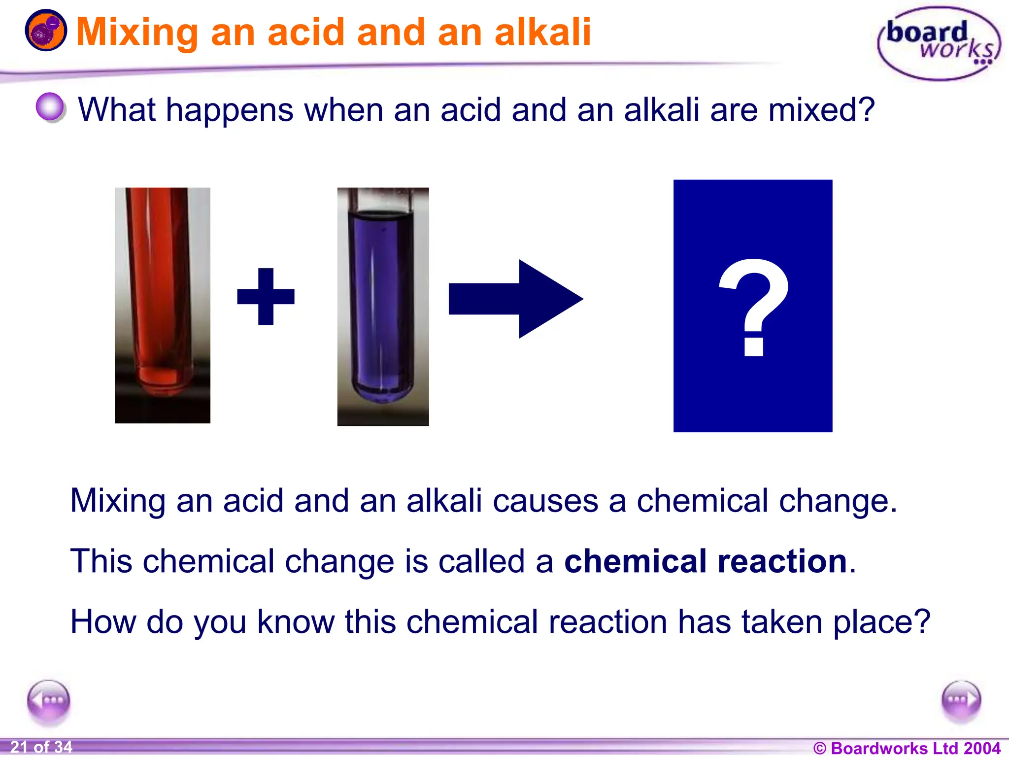 © Boardworks Ltd 2004
1 of 20 © Boardworks Ltd 2004
21 of 34
Mixing an acid and an alkali
What happens when an acid and an alkali are mixed?
Mixing an acid and an alkali causes a chemical change.
This chemical change is called a chemical reaction.
How do you know this chemical reaction has taken place?
?
 