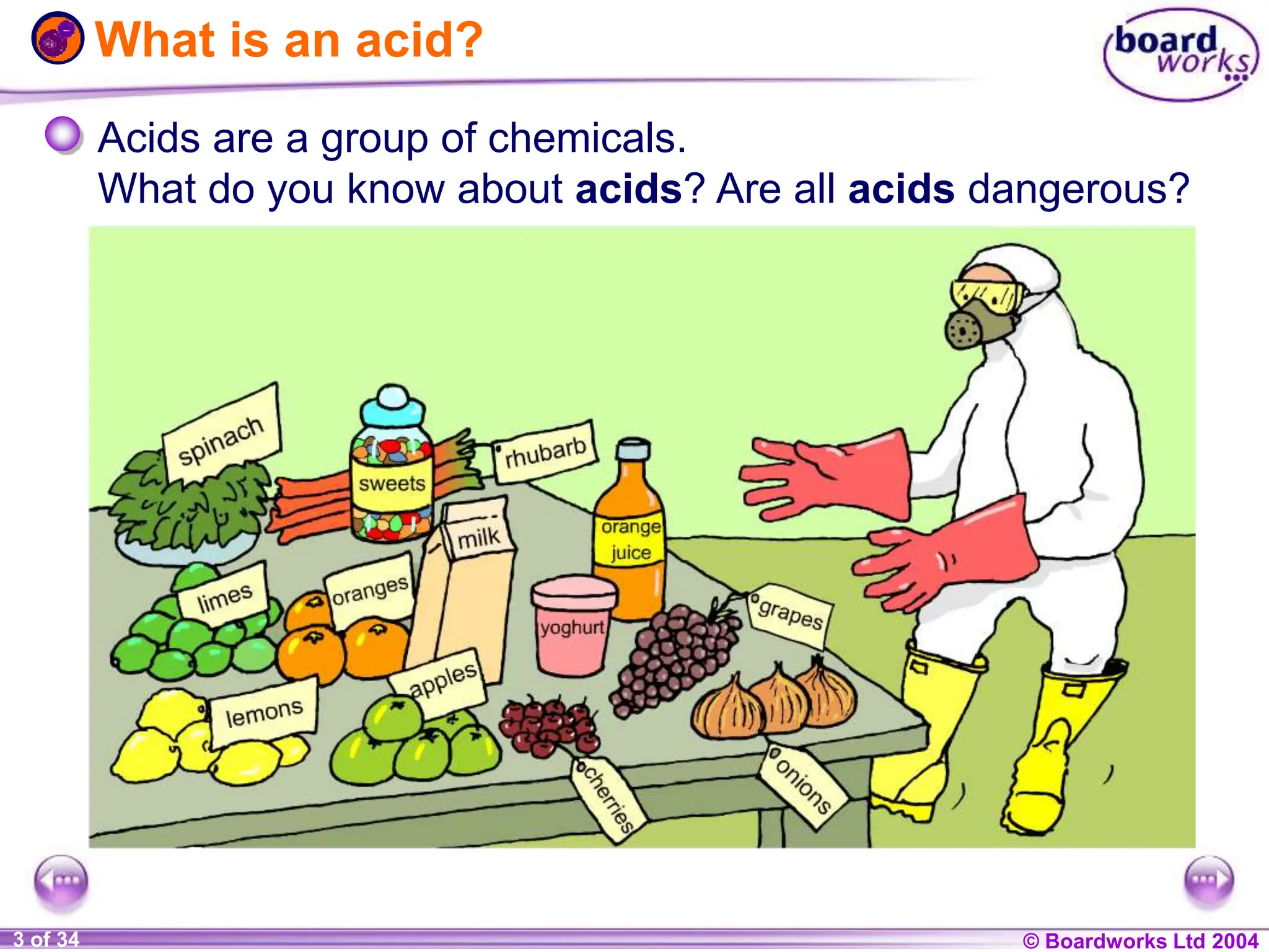 © Boardworks Ltd 2004
1 of 20 © Boardworks Ltd 2004
3 of 34
What is an acid?
Acids are a group of chemicals.
What do you know about acids? Are all acids dangerous?
 