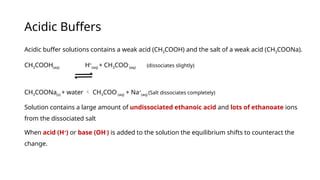 Acidic Buffers
Acidic buffer solutions contains a weak acid (CH3COOH) and the salt of a weak acid (CH3COONa).
CH3COOH(aq) H+
(aq) + CH3COO-
(aq) (dissociates slightly)
CH3COONa(s) + water  CH3COO-
(aq) + Na+
(aq) (Salt dissociates completely)
Solution contains a large amount of undissociated ethanoic acid and lots of ethanoate ions
from the dissociated salt
When acid (H+
) or base (OH-
) is added to the solution the equilibrium shifts to counteract the
change.
 