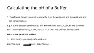 Calculating the pH of a Buffer
 To calculate the pH you need to know the Ka of the weak acid and the weak acid and
salt concentrations
e.g. A buffer solution contains 0.30 mol dm-3
ethanoic acid (CH3COOH) and 0.50 mol
dm-3
sodium ethanoate (CH3COO-
Na+
). Ka = 1.7 x 10-5
mol dm-3
for ethanoic acid.
What is the pH of this buffer?
1. Write the Ka expression for the weak acid:
CH3COOH(aq) H+
(aq) + CH3COO-
(aq) ;
 