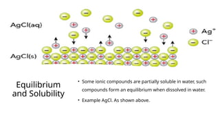 Equilibrium
and Solubility
• Some ionic compounds are partially soluble in water, such
compounds form an equilibrium when dissolved in water.
• Example AgCl. As shown above.
 