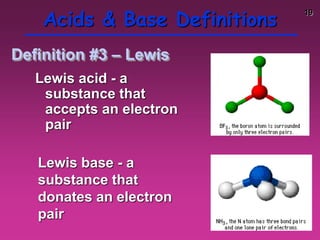 19
Acids & Base Definitions
Lewis acid - a
substance that
accepts an electron
pair
Lewis base - a
substance that
donates an electron
pair
Definition #3 – Lewis
 