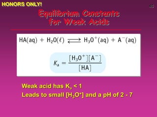 45
Equilibrium Constants
for Weak Acids
Weak acid has Ka < 1
Leads to small [H3O+] and a pH of 2 - 7
HONORS ONLY!
 