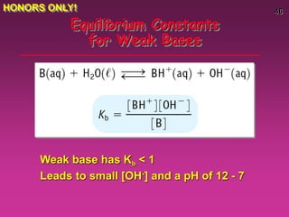 46
Equilibrium Constants
for Weak Bases
Weak base has Kb < 1
Leads to small [OH-] and a pH of 12 - 7
HONORS ONLY!
 
