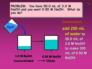 72
PROBLEM: You have 50.0 mL of 3.0 M
NaOH and you want 0.50 M NaOH. What do
you do?
Conclusion:
add 250 mL
of water to
50.0 mL of
3.0 M NaOH
to make 300
mL of 0.50 M
NaOH.
 